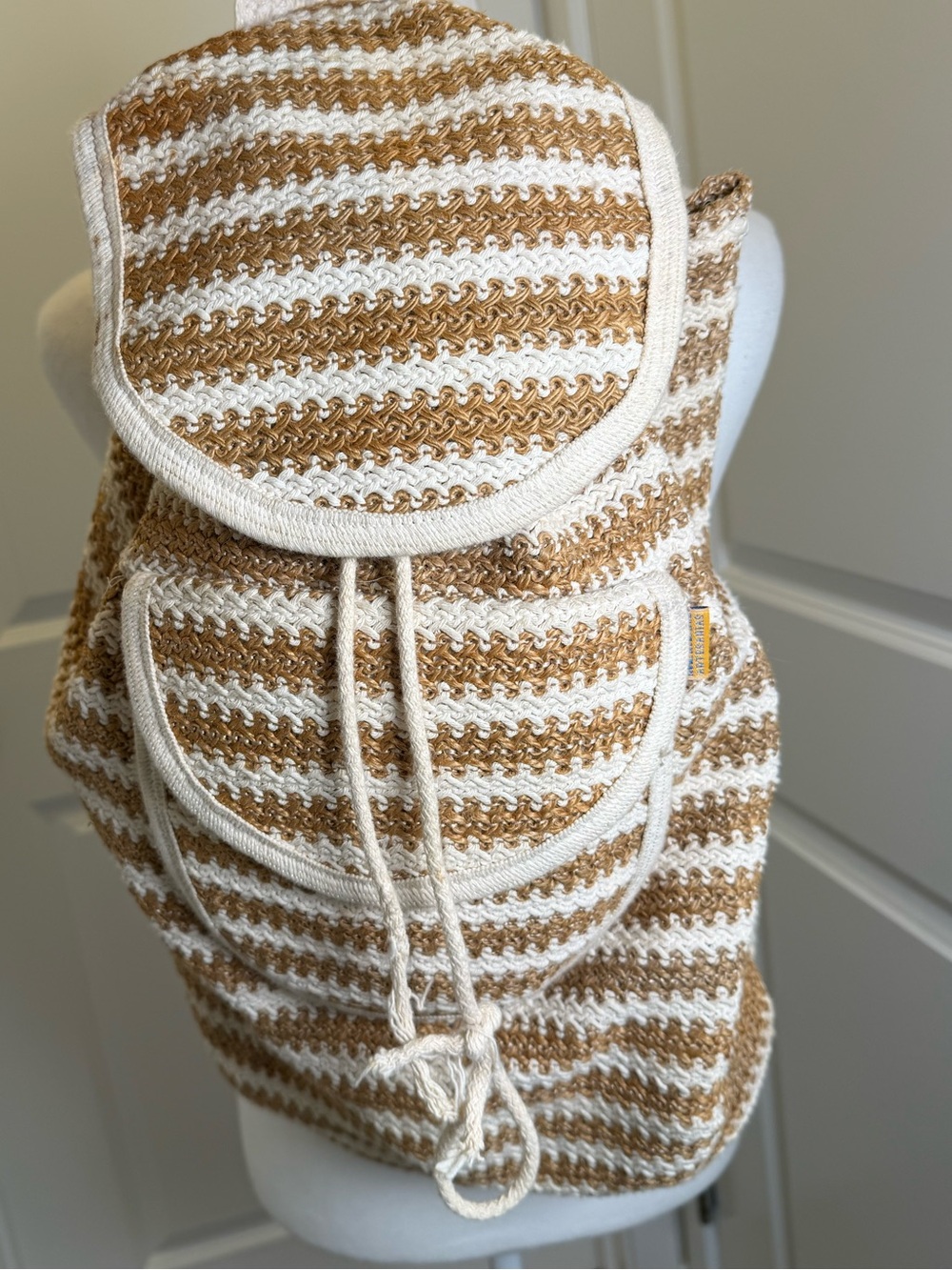 Women’s Crochet Stripe Backpack - Cream & Tan